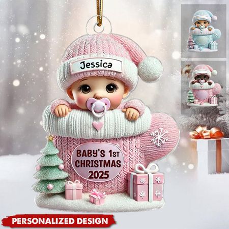 Baby i vante 3D-effekt Babys første julegave personlig akryl julekugle